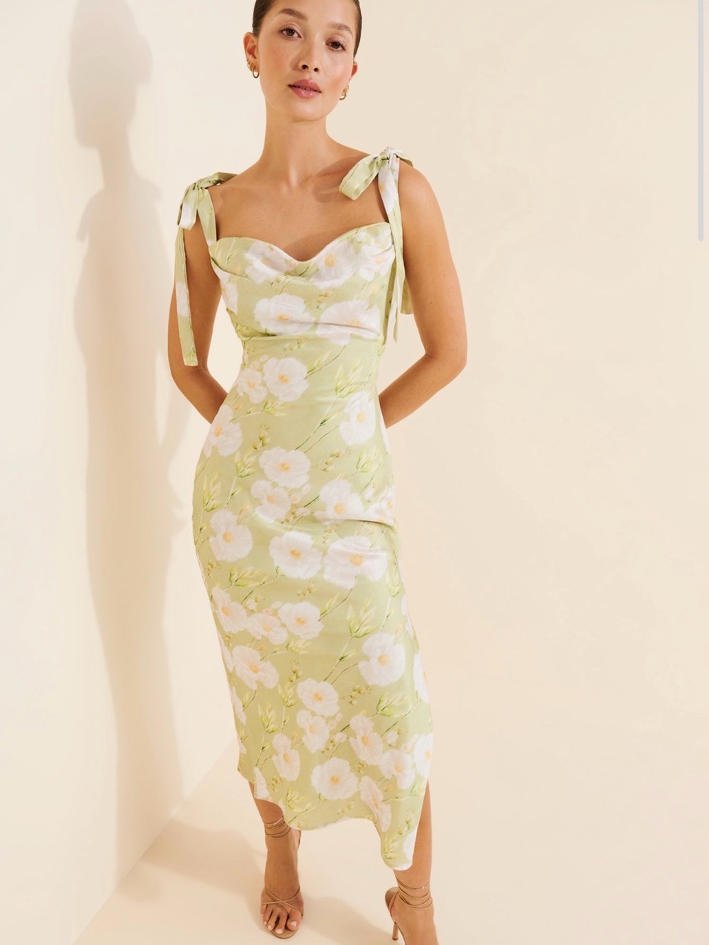Lulu's Pale Green Floral Tie-Strap Midi Dress